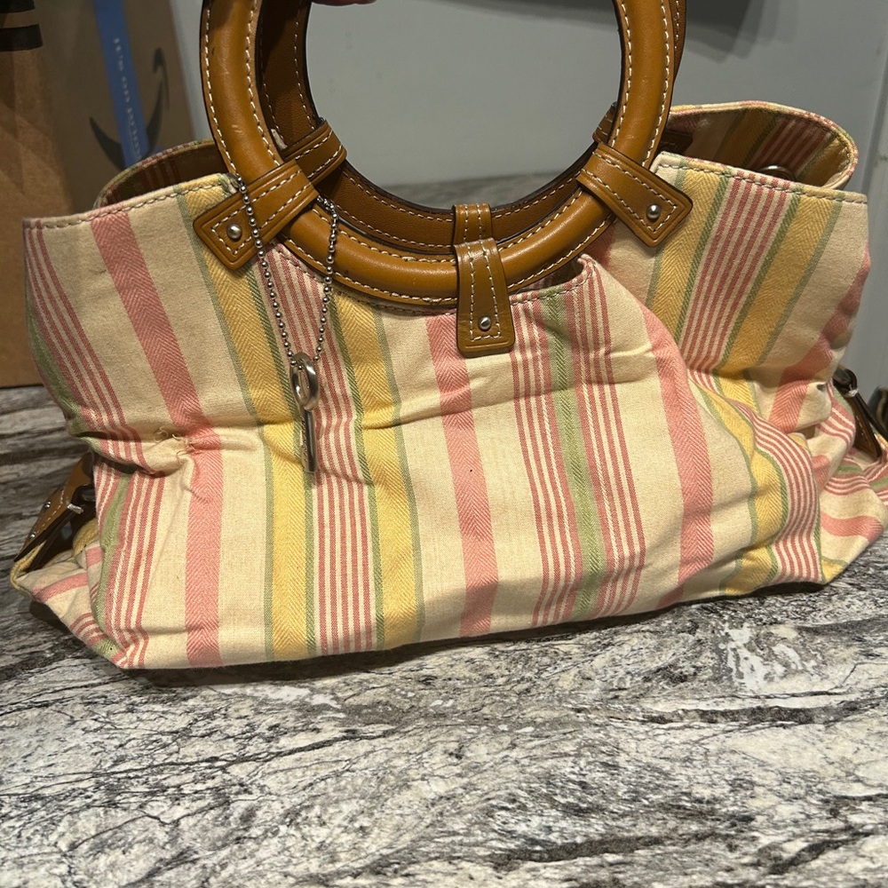 Vintage Fossil Striped Canvas hand Bag with Brown Handles